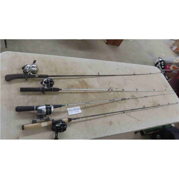 4 Fishing Rods + Reels ; 2 Zebco 202, Zebco 33 Max, Mitchell SC200