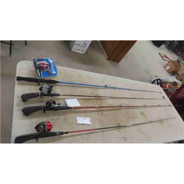 4 Fishing Rods + Reels ; Shakespeare, Zebco, Worm Gear