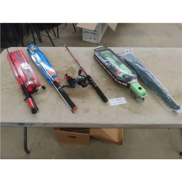 3 New Rods + Reels, Minnow Trap, Fillet Board, Knife + Scaler