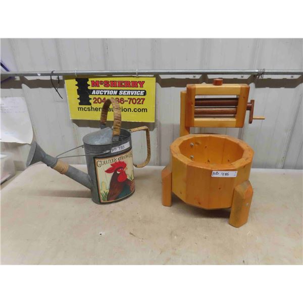 Wooden Planter, Wringer/ Washer + Galvanized Watering Pail
