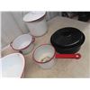 Image 3 : 7 Vintage White Enamelware Pots, Large Basins + Roaster & Round Black Roaster