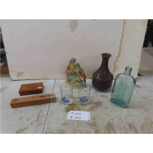 Wooden Cigar Boxes, 2 O' Keefe Glasses Lydia Pinkhams Bottle, plus more