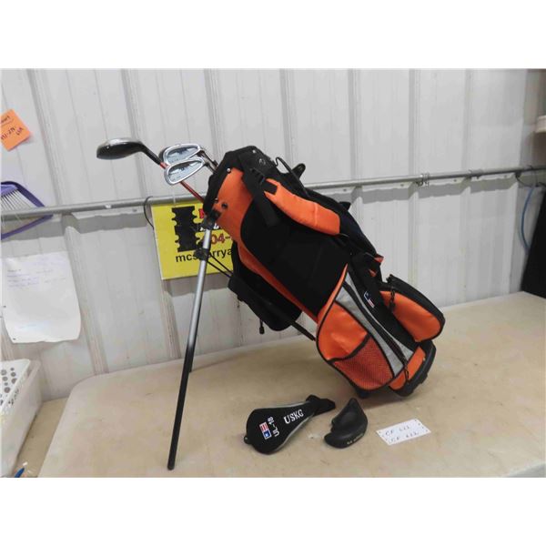 Golf Bag with Stand, 3 Irons, 1 Driver