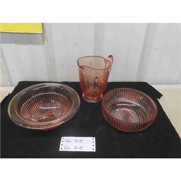 3 pcs Pink Depression Glass Pitcher & 2 Serving Bowls