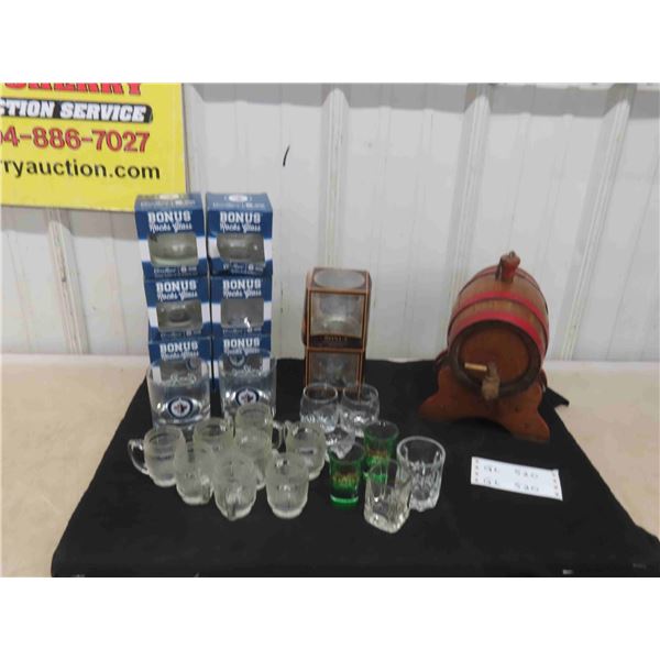 Bar Ware ; 25 Glasses, Decorative Wooden Barrel with 2 Shot Glasses
