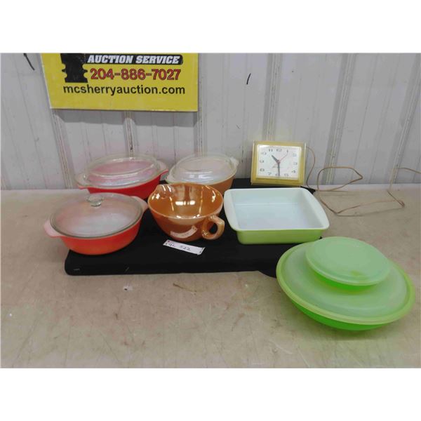 7 pcs Fire King, Pyrex, Tupperware, Kitchen Electric Clock