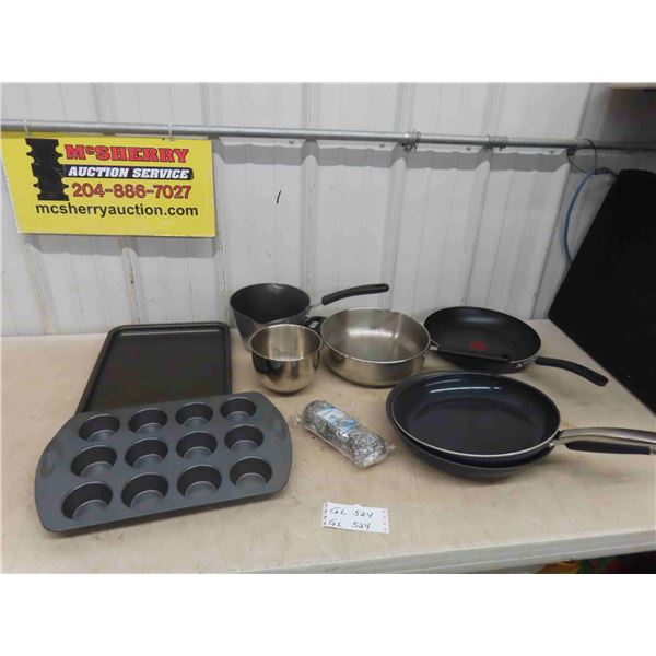 Cook/ Bake Ware ; Cookie Sheet, Muffin  Pan, Fry Pans + Pots