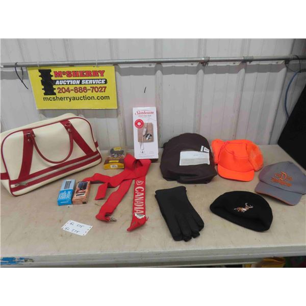 New Leather Gloves Sz 12, Suspenders, Ball Cap, Tuque, Heating Pad, plus more