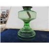 Image 5 : 2 Oil Lamps ; Clear + Green Depression Glass + Extra Chimney