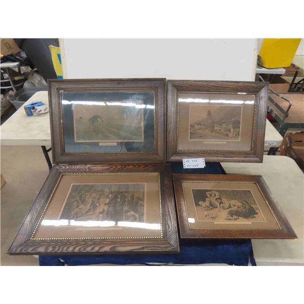 4 Antique Prints in Matching Wooden Framed - Largest Glass Cracked Pictures- 17" x 22"