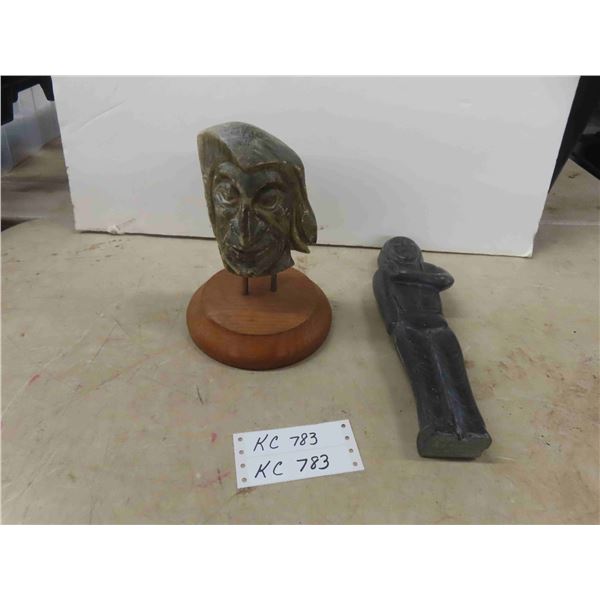 2 First Nations Soapstone Carvings - Signed ; 9" & 12" Tall 