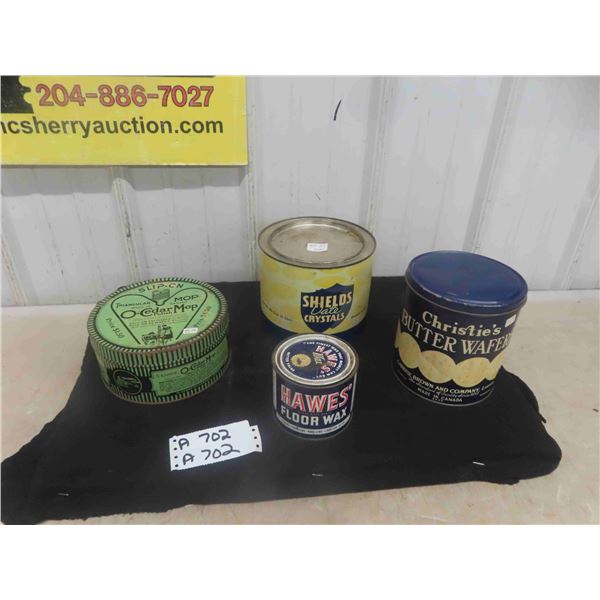 4 Tins ; O Cedar Mop Polish, Hawes Floor Wax, Christie Butter Wafer, Shield Date 