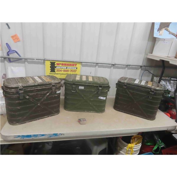 3 Metal Food Canisters - Military 9  x 15  x 20 