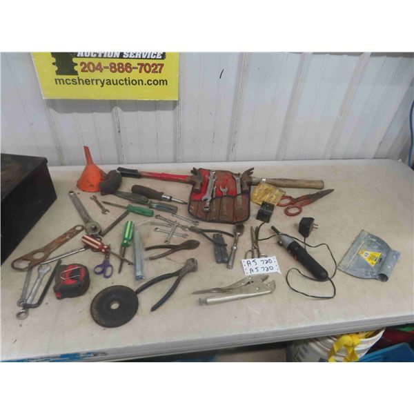 Metal Tool Box with Odds n Ends of Tools ; Wrench, hammer, 1/2 + 3/8  Ratchet,