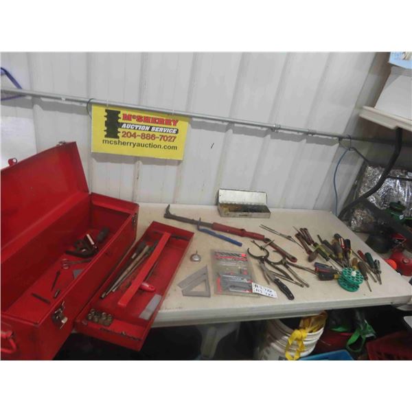 Metal Tool Box with Tray 9" x 9" x 26" and tools; Nail Puller, Allen Keys, Screwdrivers,