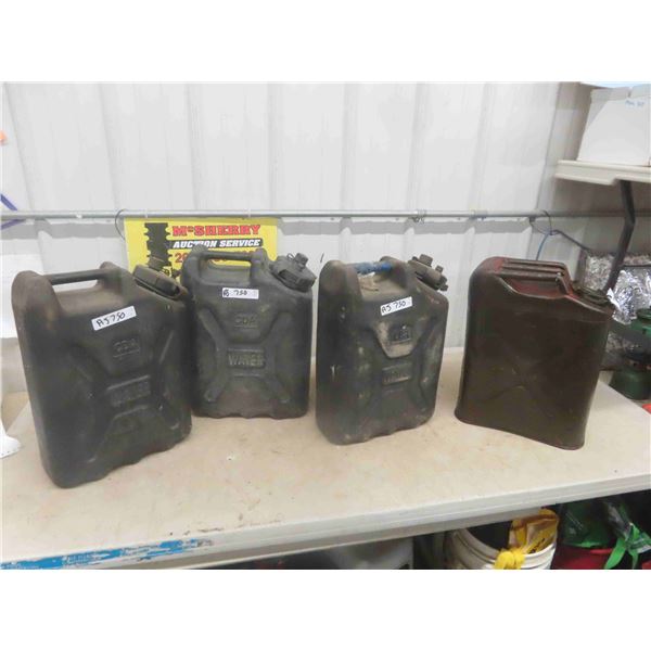 4 Fuel Cans - Military ; 3 Poly, 1 Metal