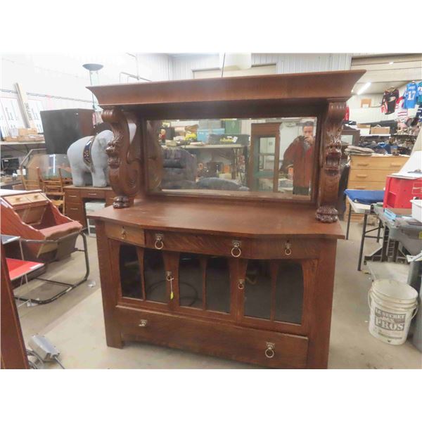 1/4 Cut Oak Gorgeous! Buffet with Tall Mirrored Hutch + Griffin Pillars 24" x 60" x 71" - 