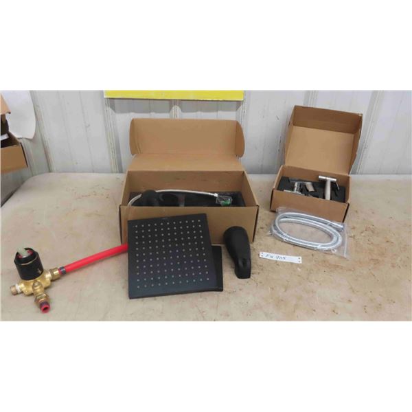 New Chrome Shower Sprayer with Hose, Black Finish Tub Faucet + Rain Shower Head