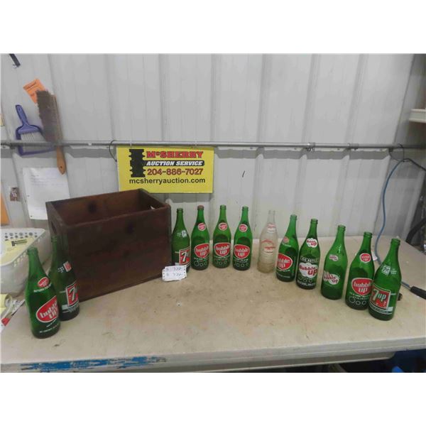 (12) 26 oz. Pop Bottles & Wooden Crate  ; Canada Dry, Bubble Up, 7Up, Hires