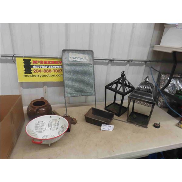 Washboard, Enamel Ware Strainer, Cow Bell, Hanging Candle/ Light Holder