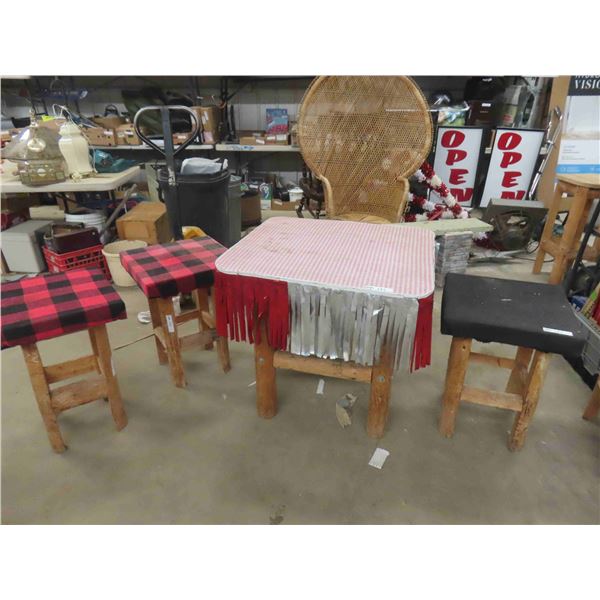Rustic Cabin Wood Table + 3 Stools 29" x 30" x 30"