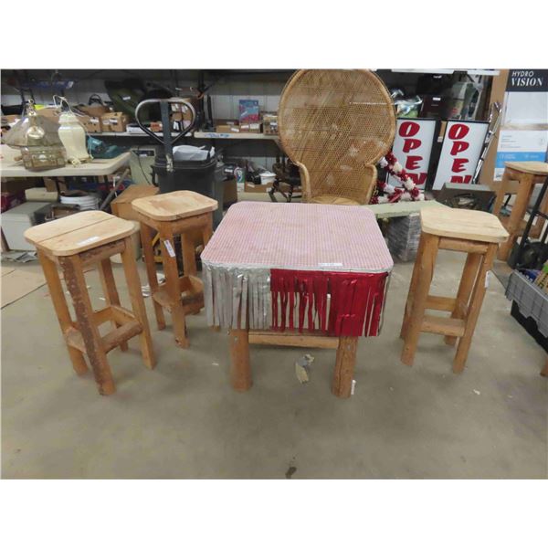 Rustic Cabin Wood Table + 3 Stools 29" x 30" x 30"