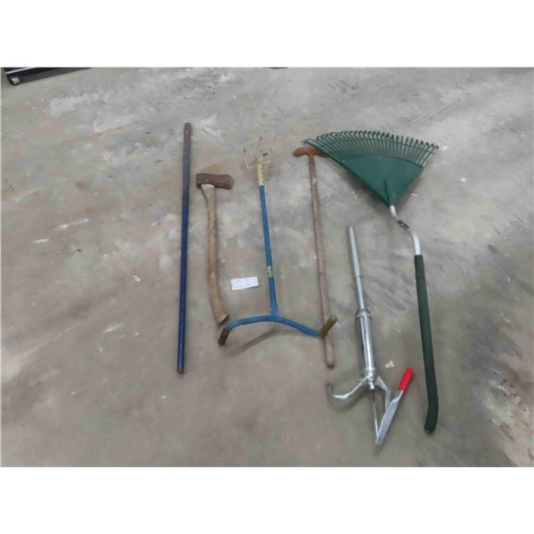 Yard Tools; Fan Rake, Cultivator, Axe, Pry Bar, plus more