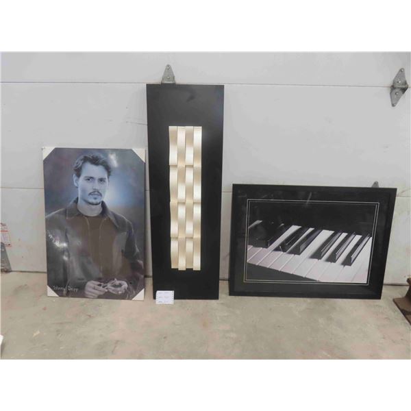 3 Wall Hangings ; Johnny Depp 24" x 36", Abstract 16" x 49" , Piano Keyboard 28" x 38"