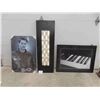 Image 1 : 3 Wall Hangings ; Johnny Depp 24" x 36", Abstract 16" x 49" , Piano Keyboard 28" x 38"