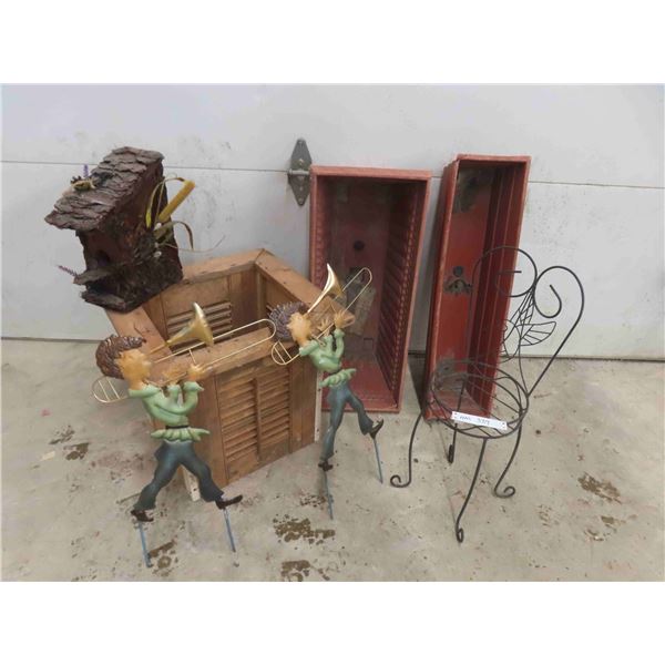 Outdoor Décor Plastic Planters, Bird House, Wrought Iron Chair, 2 Garden Musicians