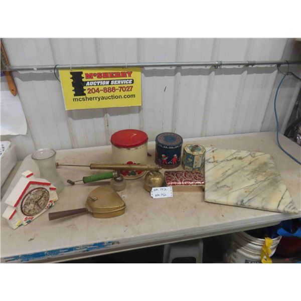 Canisters, Marble Cutting Board, Sprayer, Crumb Pan, Old Clock