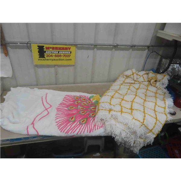 2 Vintage Chenille Yellow + White Queen Size Bedspreads