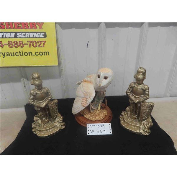 Franklin Mint Owl 10" Tall & 2 Chalkware Knights