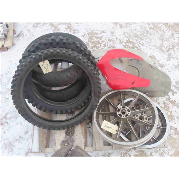 Pallet Lot of Misc. Motorcycle Wheels, Tires, Windshield