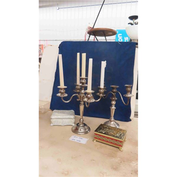 2 Candelabra Candle Stick Holders - Silver Plated & 2 Treasure Boxes