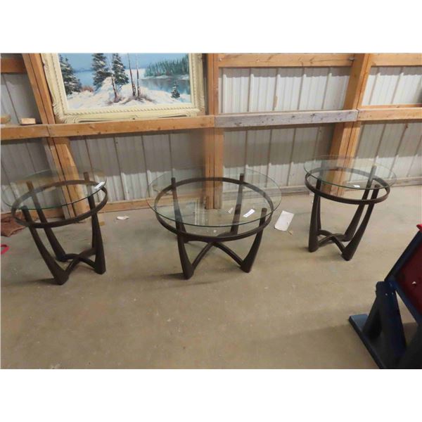 3pc Table Set Glass with Metal Base ; Coffee Table 21  x 35  & 2 Stands 23  x 25 