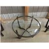 Image 2 : 3pc Table Set Glass with Metal Base ; Coffee Table 21" x 35" & 2 Stands 23" x 25"