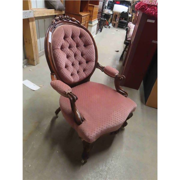 Parlour Chair Button Back, Detailed Wood - Vintage