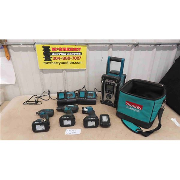 Makita Cordless 18V Items; Drill, Impact, Flashlight, 2 Chargers, 4 Batteries, Radio, 