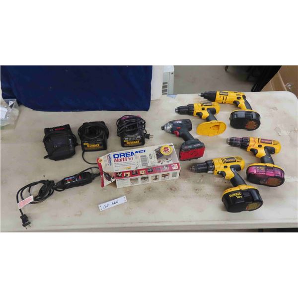 3 DeWalt 1/2" Cordless Drill, Cordless Drywall Driver + 2 Chargers, 3 Batteries 18V, 