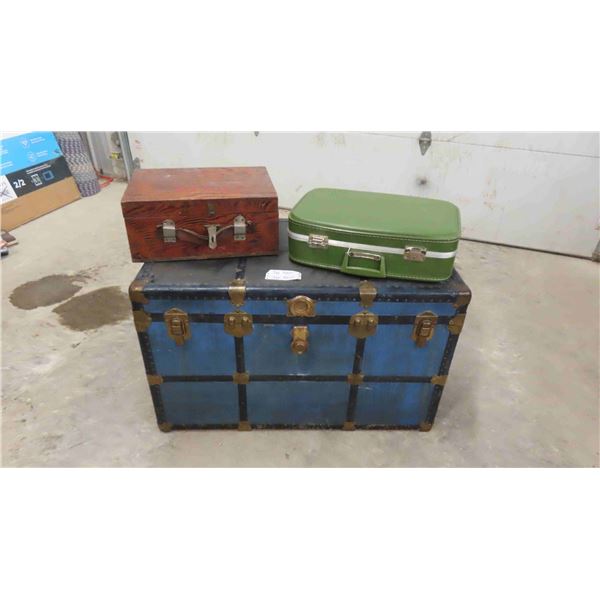 Trunk 22" x 24" x 39", Suitcase + Wooden Chest 8" x 12" x 18" , Clasp Broken