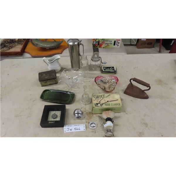 Vintage Hair Clipper, Glass Baby Bottle, Smoking Tobacco Tin, plus more