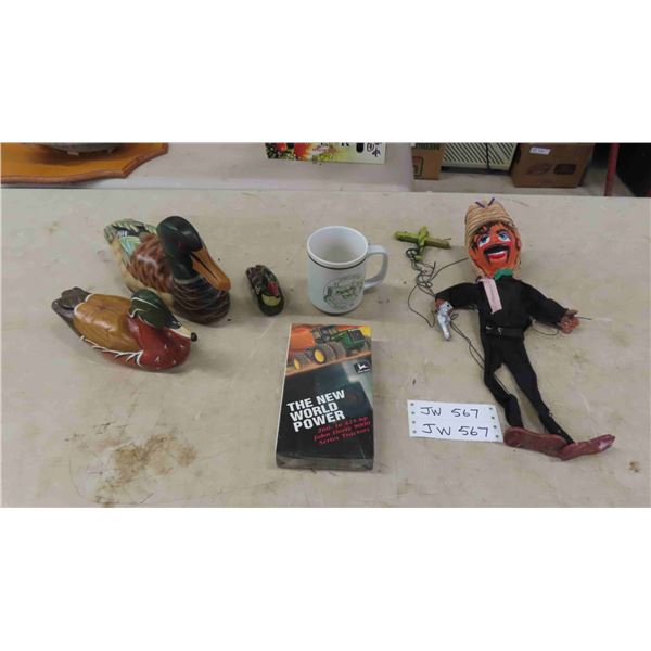 V Vintage Man String Puppet, John Deere VHS + Mug - chipped, 3 Wooden Mallard 