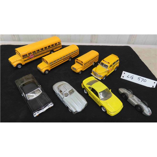 8 Die Cast Vehicles ; School Buses, Mustang, Impala, Dinky Toy - Speed of the Wind