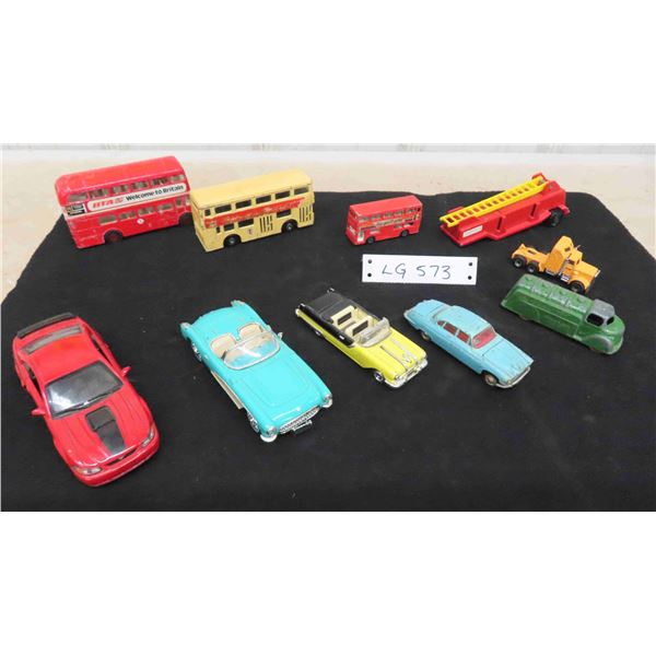 10 Die Cast Vehicles ; Double Decker Busses, Corgi Jaguar, Corvette, Different Scales,