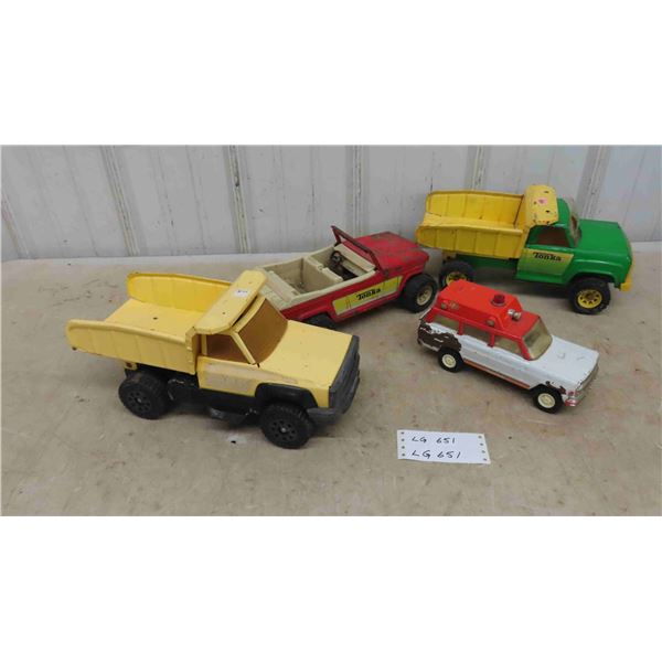 4 Tonka Trucks ; 2 Dump Trucks 6" x 6" x 14" , Jeep 6" x 6" x 13", Ambulance 4" x 5" x 9.5"