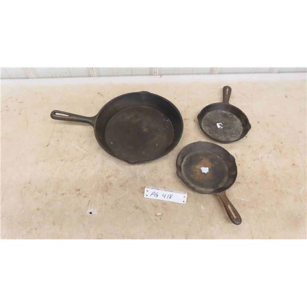 3 Cast Iron Frying Pans ; 10" , (2) 6"