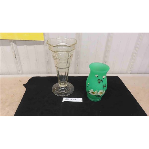 2 Vases ; 11.5" Tall Clear Glass, unknown pattern & Green Cold Painted 1950s?