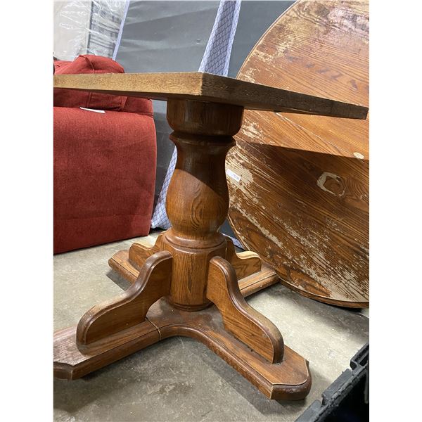 Oak Pedestal Table 42" Diameter Plus (1) 18" Leaf - stain worn off in many spots