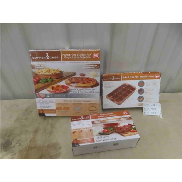 3 New Copper Chef Baking Pans ; Crisp Pan, Loaf Pan, Pizza Pan 